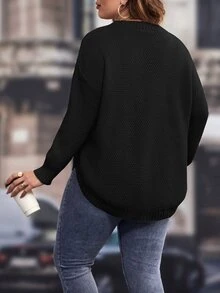 SHEIN LUNE Suéter de hombros caídos y bajo curvo talla grande, para suéter de punto de invierno, otoño - Negro - Ver 2