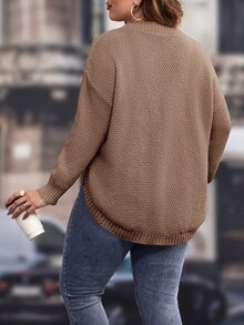 SHEIN LUNE Plus Drop Shoulder Curved Hem Sweater, Winter Knit Pullover Fall Autumn - Mocha Brown - View 2