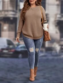 SHEIN LUNE Plus Drop Shoulder Curved Hem Sweater, Winter Knit Pullover Fall Autumn - Mocha Brown - View 5