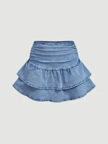 SHEIN MOD Women's Sexy Ruffle Hem Denim Mini Skirt - Dusty Blue - View 3