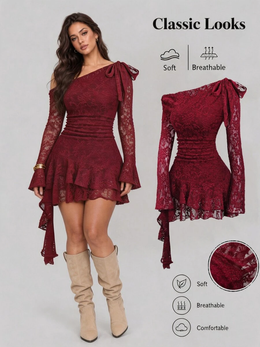 Sweetra Women's Sexy & Elegant Lace Texture Asymmetric Ruffle Hem Shoulder Tie Dress, Spring/Summer Fall - Red - View 1