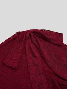 Sweetra Women's Sexy & Elegant Lace Texture Asymmetric Ruffle Hem Shoulder Tie Dress, Spring/Summer Fall - Red - View 6
