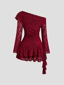 Sweetra Women's Sexy & Elegant Lace Texture Asymmetric Ruffle Hem Shoulder Tie Dress, Spring/Summer Fall - Red - View 2
