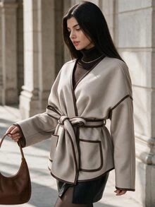 Editum 女款秋季落肩長袖繫腰羊毛混紡大衣 淺棕色 辦公日常 優雅休閒 - 彩色 - 查看 3