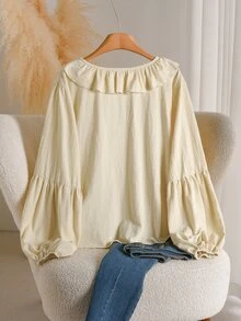 CosyJoli Plus Ruffle Trim Bow Front Lantern Sleeve Blouse Fall Brunch Party Cream Kawaii Fairy Capsule Casual Daily Going Out Office Work Dress For Women - Khaki - View 2