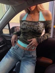 SHEIN ICON Y2K Women's Sexy Camo Graphic Off Shoulder Long Sleeve Rhinestone Streetwear Camouflage Print Rhinestone Embellished 2 In 1 Top - Multicolor - View 1