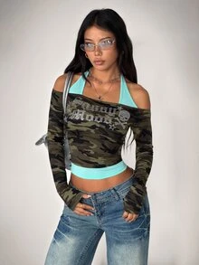 SHEIN ICON Y2K Women's Sexy Camo Graphic Off Shoulder Long Sleeve Rhinestone Streetwear Camouflage Print Rhinestone Embellished 2 In 1 Top - Multicolor - View 4