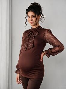 Momance Áo dệt kim bầu phối họa tiết chấm bi - Cà phê nâu - Xem 5