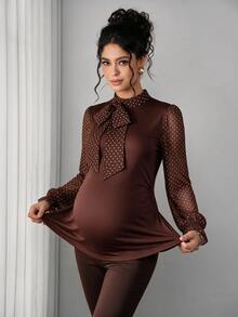 Momance Áo dệt kim bầu phối họa tiết chấm bi - Cà phê nâu - Xem 6