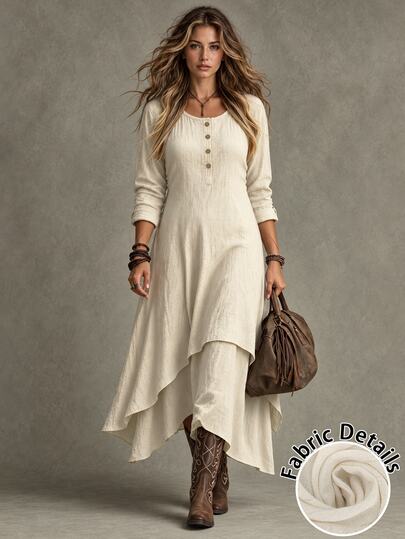 Linhara CURVE Plus Size Women's Vintage Casual Versatile Beige Round Neck Long Sleeve Button Hem Double Layer Asymmetrical Design Midi Dress Suitable For Autumn Wear