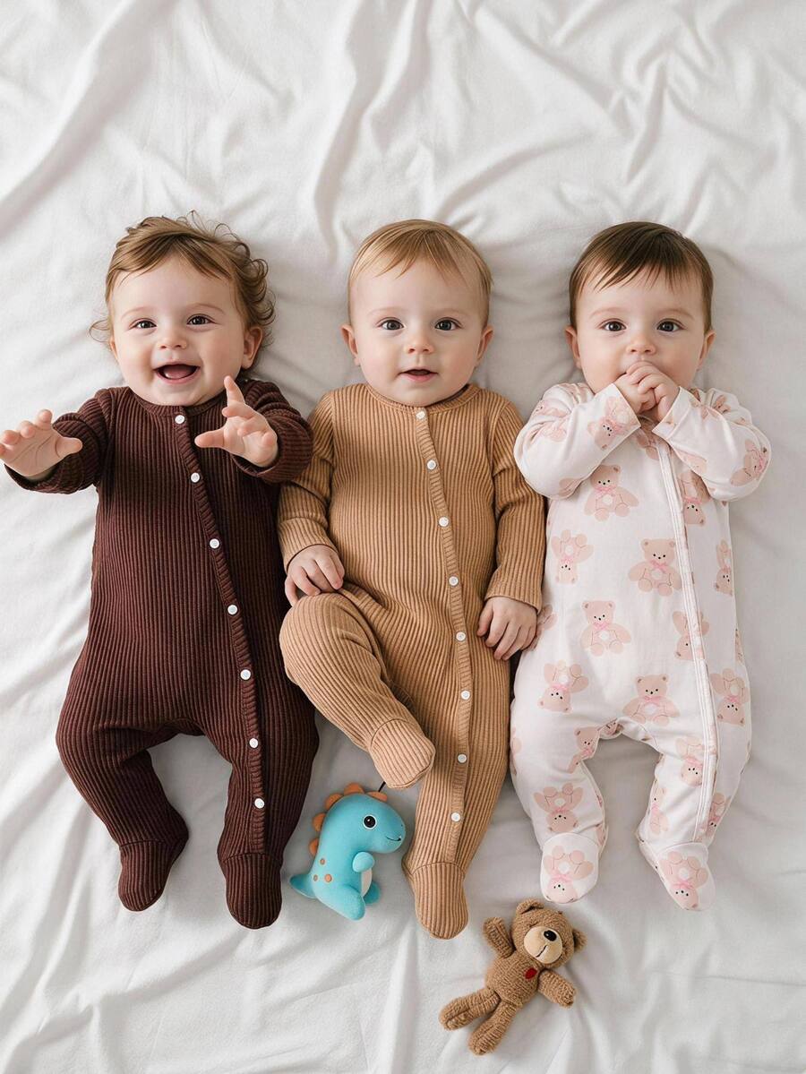 SHEIN Newborn 3pcs Set 3pcs Baby Girls Fall Winter Long Sleeve Footed Rompers Ribbed Knit Cute Bear Print Newborn Bodysuits Front Button Closure
