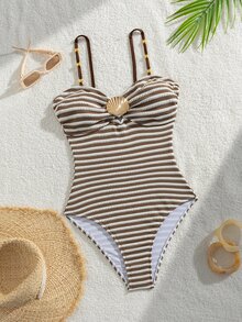 SHEIN Swim 女款夏季度假休閒沙灘裝 素色咖啡色一件式比基尼套裝 優雅比基尼套裝 - 彩色 - 查看 4