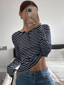Livesso Women's Spring Autumn Striped V-Neck Long Sleeve T-Shirt,Fall Women Clothes - Navy Blue - View 3