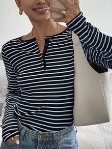 Livesso Women's Spring Autumn Striped V-Neck Long Sleeve T-Shirt,Fall Women Clothes - Navy Blue - View 7
