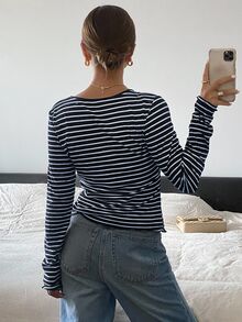 Livesso Women's Spring Autumn Striped V-Neck Long Sleeve T-Shirt,Fall Women Clothes - Navy Blue - View 6