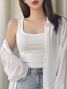 DAZY Camiseta de tirantes blanca acanalada ajustada con cuello cuadrado para mujer, top de verano - Blanco - Ver 8