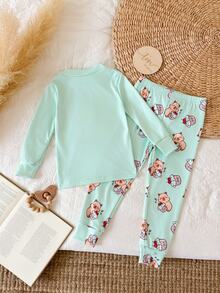 Young Girl Cartoon Print Long Sleeve T-Shirt And Pants Set - Multicolor - View 6