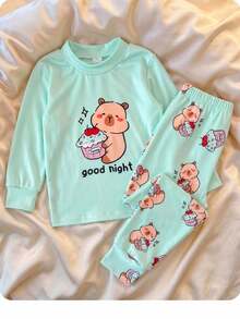 Young Girl Cartoon Print Long Sleeve T-Shirt And Pants Set - Multicolor - View 5