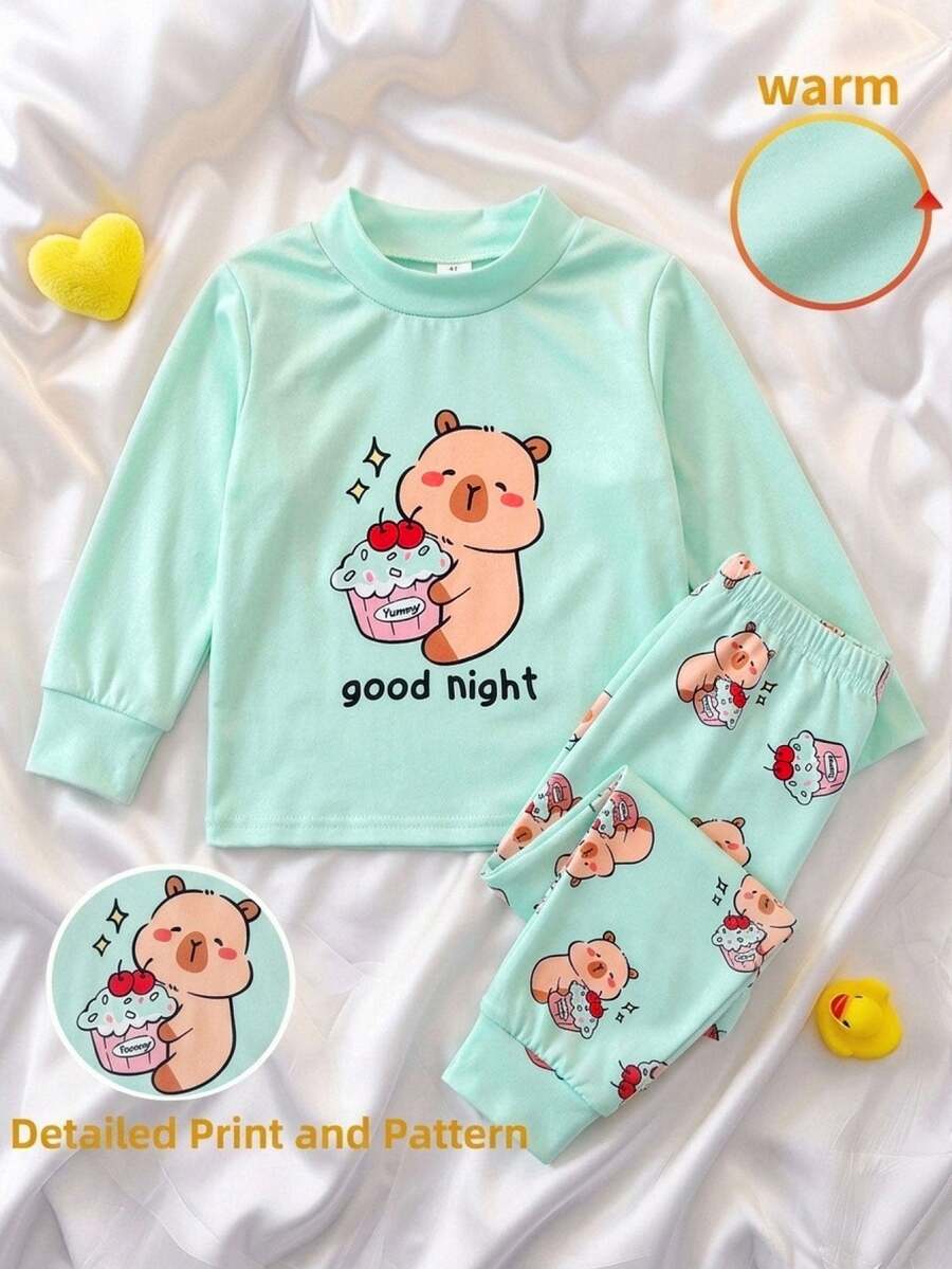 Young Girl Cartoon Print Long Sleeve T-Shirt And Pants Set - Multicolor - View 1