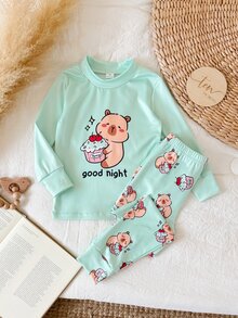 Young Girl Cartoon Print Long Sleeve T-Shirt And Pants Set - Multicolor - View 2
