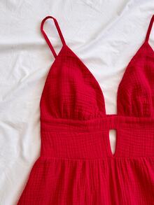 Soleia Women's Summer Vacation Solid Color Cotton Casual Cami Jumpsuit - Red - View 7