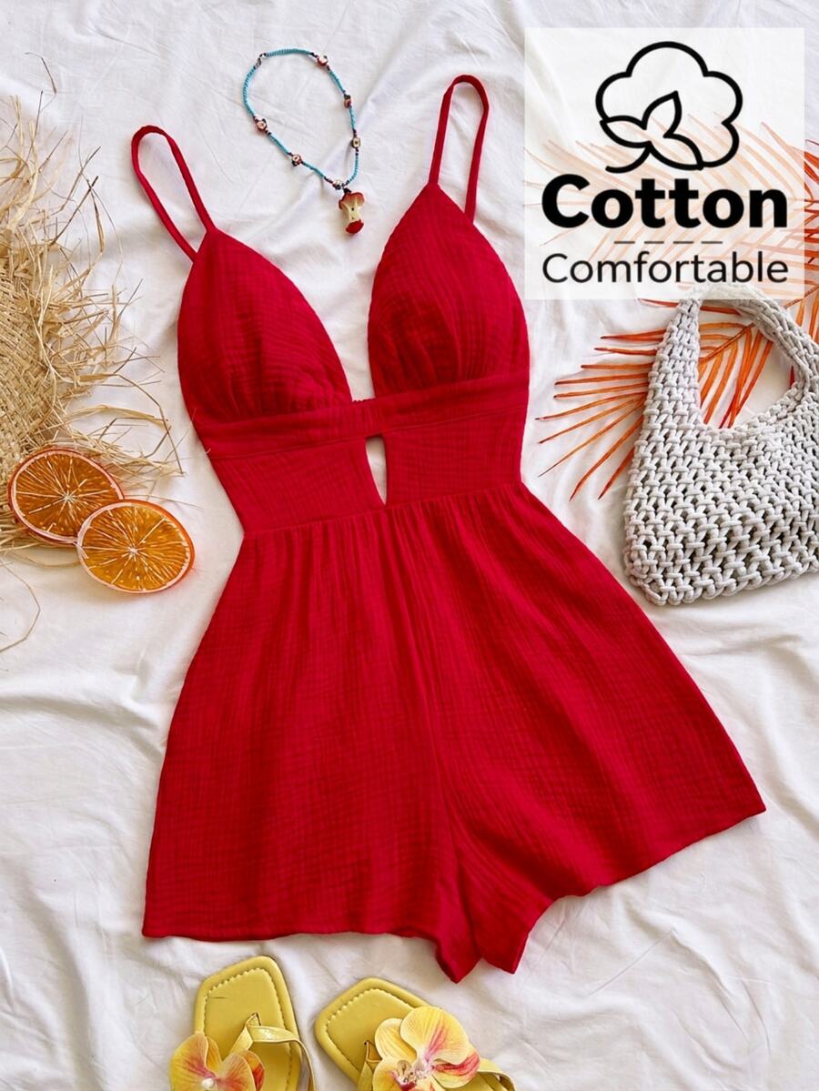 Soleia Women's Summer Vacation Solid Color Cotton Casual Cami Jumpsuit - Red - View 1