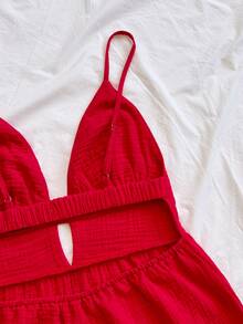 Soleia Women's Summer Vacation Solid Color Cotton Casual Cami Jumpsuit - Red - View 4