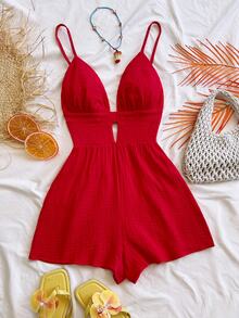 Soleia Women's Summer Vacation Solid Color Cotton Casual Cami Jumpsuit - Red - View 6