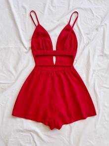 Soleia Women's Summer Vacation Solid Color Cotton Casual Cami Jumpsuit - Red - View 2