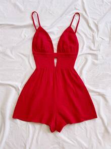 Soleia Women's Summer Vacation Solid Color Cotton Casual Cami Jumpsuit - Red - View 3