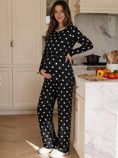 SHEIN Black With White Polka Dot V-Neck Trim Long Sleeve Maternity Top + Drawstring Flare Leg Pants 2 Pieces Set, Gentle Contrast Color Home & Outing Maternity Outfit