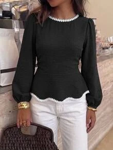 Serisse Women's Contrast Trim Design Long Sleeve Fashion Shirt,Solid Contrast Lace Trim Round Neck Lantern Sleeve Wave Hem Slim Fit Shirt - Black - View 3