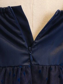Navy Blue Polka Dot Mesh Dress For Girls, Elegant Open Shoulder Ruffle High Waist Cinched Long Dress, Lightweight Soft Fabric For Vacation, Party Fall - Navy Blue - View 8