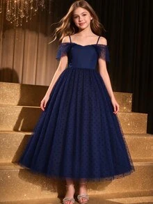 Navy Blue Polka Dot Mesh Dress For Girls, Elegant Open Shoulder Ruffle High Waist Cinched Long Dress, Lightweight Soft Fabric For Vacation, Party Fall - Navy Blue - View 1