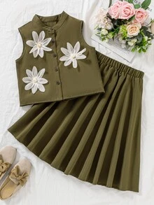 SHEIN Tween Girls 2pcs/Set Olive Green Y2k Cute Tea Party Family Summer Mini Set,Collared Sleeveless Top With 3D Organza Flowers A-Line Mid-Calf Skirt - Army Green - View 5