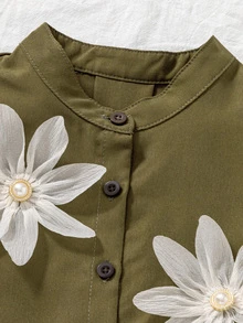 SHEIN Tween Girls 2pcs/Set Olive Green Y2k Cute Tea Party Family Summer Mini Set,Collared Sleeveless Top With 3D Organza Flowers A-Line Mid-Calf Skirt - Army Green - View 6