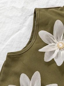 SHEIN Tween Girls 2pcs/Set Olive Green Y2k Cute Tea Party Family Summer Mini Set,Collared Sleeveless Top With 3D Organza Flowers A-Line Mid-Calf Skirt - Army Green - View 8
