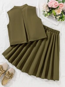 SHEIN Tween Girls 2pcs/Set Olive Green Y2k Cute Tea Party Family Summer Mini Set,Collared Sleeveless Top With 3D Organza Flowers A-Line Mid-Calf Skirt - Army Green - View 4