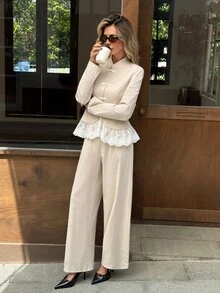 Serisse Women's Chinese Style Elegant Frog Button Mandarin Collar Contrast Lace Hem Top & Wide Leg Pants Cotton 2 Pieces Set Fall Outfits For Women - Apricot - View 7