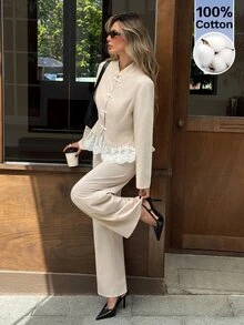 Serisse Women's Chinese Style Elegant Frog Button Mandarin Collar Contrast Lace Hem Top & Wide Leg Pants Cotton 2 Pieces Set Fall Outfits For Women - Apricot - View 6