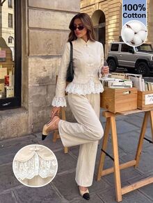 Serisse Women's Chinese Style Elegant Frog Button Mandarin Collar Contrast Lace Hem Top & Wide Leg Pants Cotton 2 Pieces Set Fall Outfits For Women - Apricot - View 1