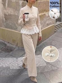 Serisse Women's Chinese Style Elegant Frog Button Mandarin Collar Contrast Lace Hem Top & Wide Leg Pants Cotton 2 Pieces Set Fall Outfits For Women - Apricot - View 5