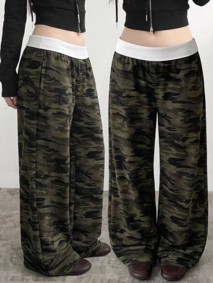 SHEIN Teen Girls Fall Winter Sweatpants, Camouflage Colorblock Straight Leg Trousers With Flip Waist, Casual Daily, Versatile Fashion Outfit, Soft And Comfy - Army Green - View 1