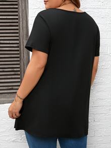 SHEIN CURVE+ Plus Size 4th Of July Casual Round Neck Short Sleeve Knit Flag Printed T-Shirt - Black - View 2