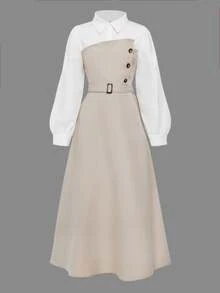 SHEIN Tween Girl Fall Dresses Elegant Long Sleeve Mini Dress With Shirt Collar, 2 In 1 Design, Perfect For Casual And Commuting Wear In Spring, Daily - Multicolor - View 7