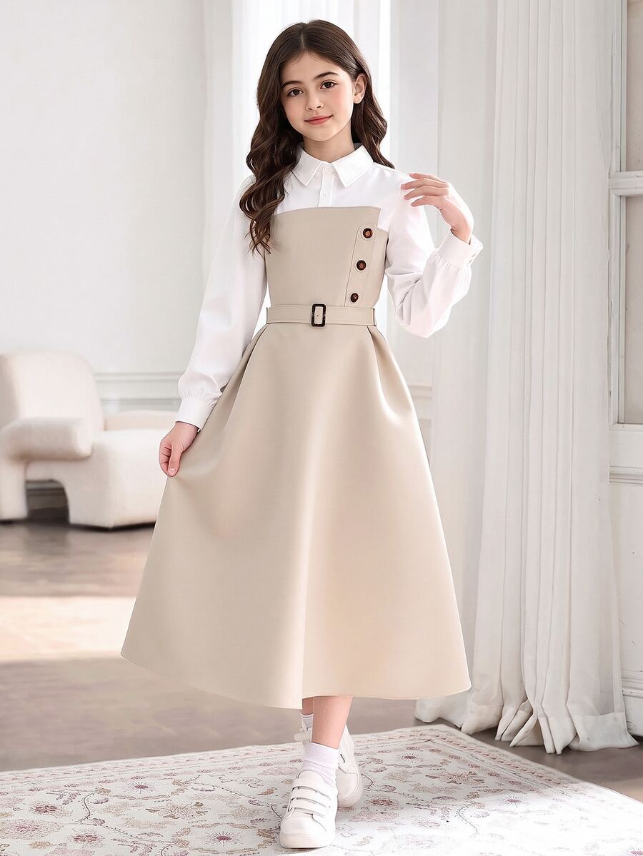SHEIN Tween Girl Fall Dresses Elegant Long Sleeve Mini Dress With Shirt Collar, 2 In 1 Design, Perfect For Casual And Commuting Wear In Spring, Daily - Multicolor - View 1