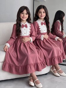 SHEIN 1pc Tween Girls Retro Lace Panel Bowtie Button Ruffle Long Sleeve A Line Fall Dress Regular Thickness Dresses Christmas Party Fall Style - Pink - View 2