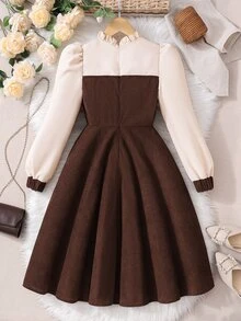 SHEIN Tween Girl Color Block Long Sleeve Homecoming Dress Fall Style US Fall Style Fall Outfits - Mocha Brown - View 3