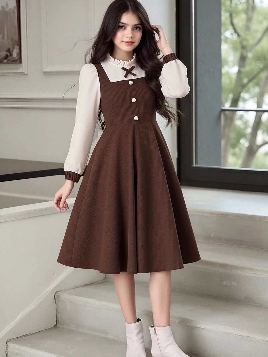 SHEIN Tween Girl Color Block Long Sleeve Homecoming Dress Fall Style US Fall Style Fall Outfits