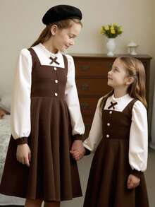 SHEIN Tween Girl Color Block Long Sleeve Homecoming Dress Fall Style US Fall Style Fall Outfits - Mocha Brown - View 5